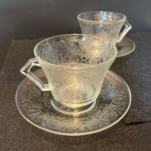 Hazel Atlas Glass FLORENTINE No.2 Poppy Clear Glass Tea Cups & Saucers Set of 2